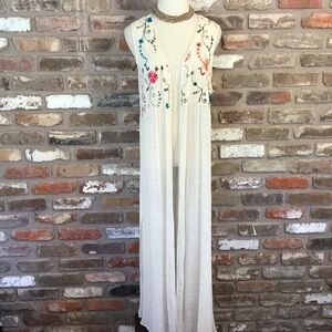 SCRAP-WORK Women's Boho Floral Embroidered Cream Long  Vest Duster L